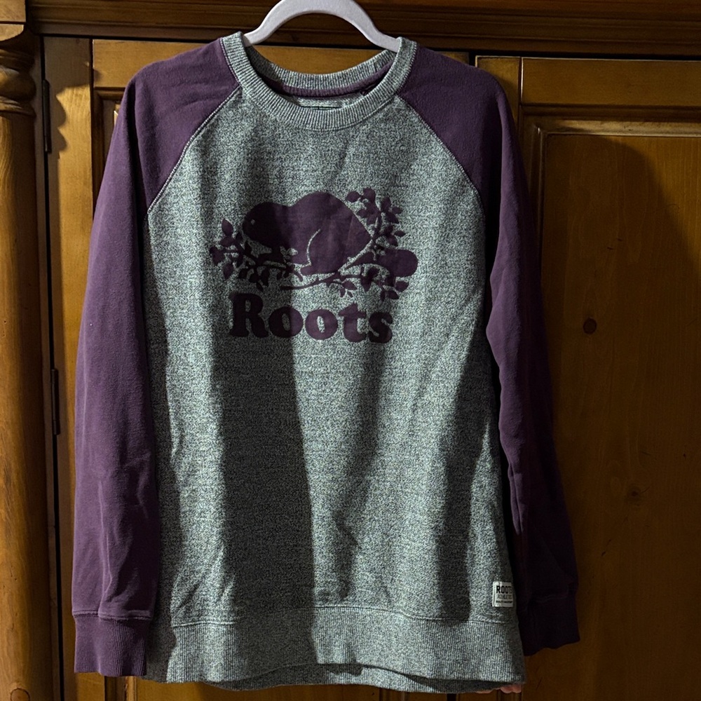 Roots Heather Gray and Deep Purple Crewneck